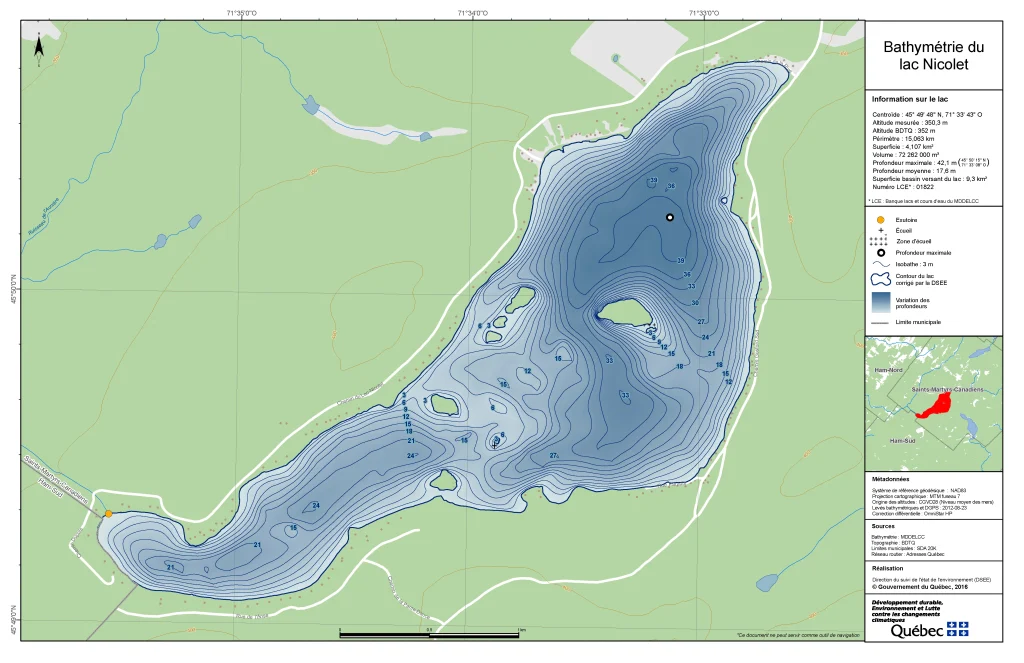 Carte bathymétrique du lac Nicolet indiquant les profondeurs et les différentes zones de navigation.